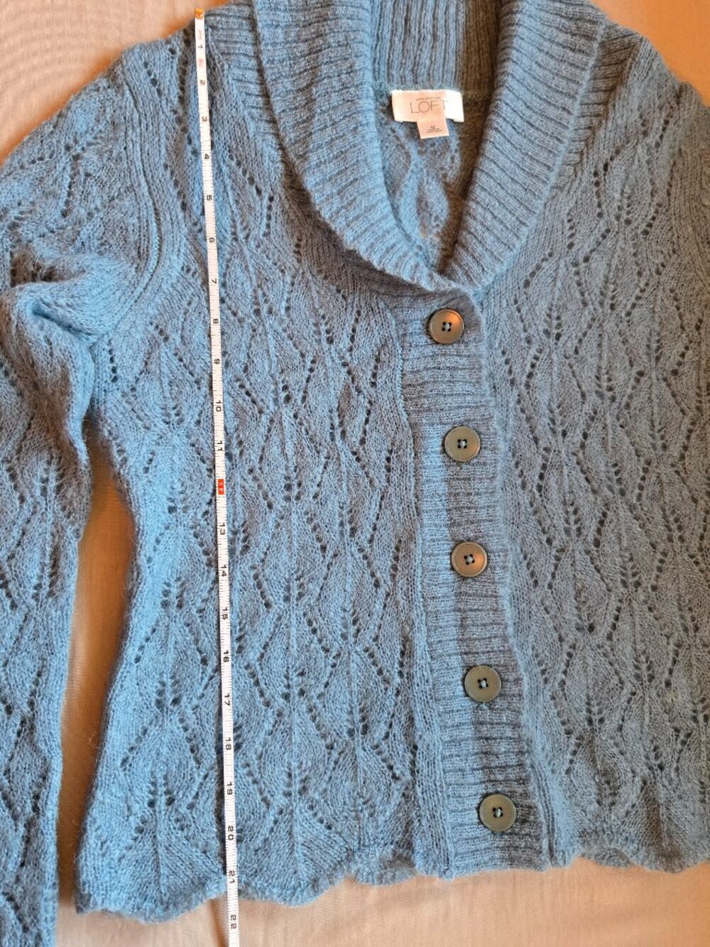 LOFT Dusty Blue Open Lace Knit Mohair Cardigan w Ribbed Shawl Style Collar M - Picture 5 of 16